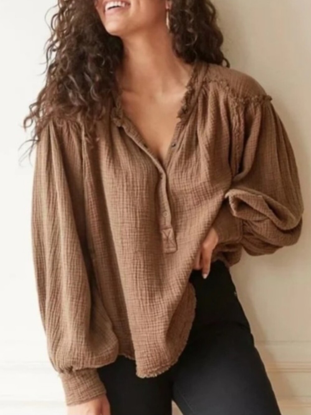We The Free Beach Day Walnut Gauze Oversized Blouse Top Small